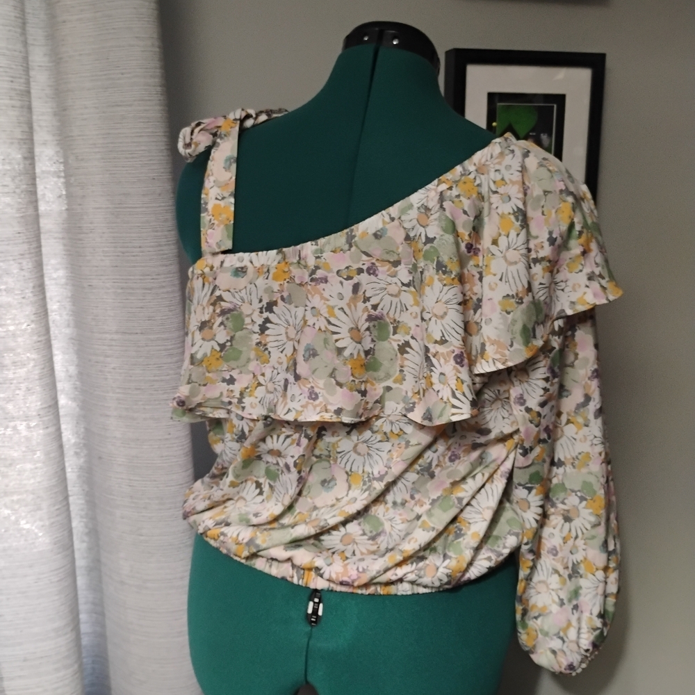 Lauren Conrad Ruffle Lady Daisies Pastel Satiny One-Shoulder Tie Top Sz L NWOT - Picture 6 of 11